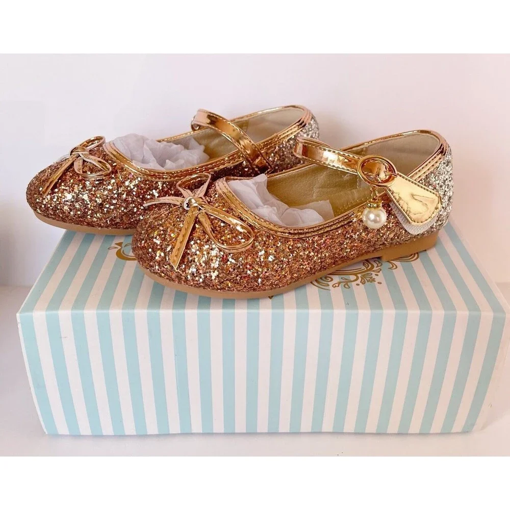 Girls Kids Flat Dress Shoes Size 9 Golden Shiny Princess Wedding Party Beaded